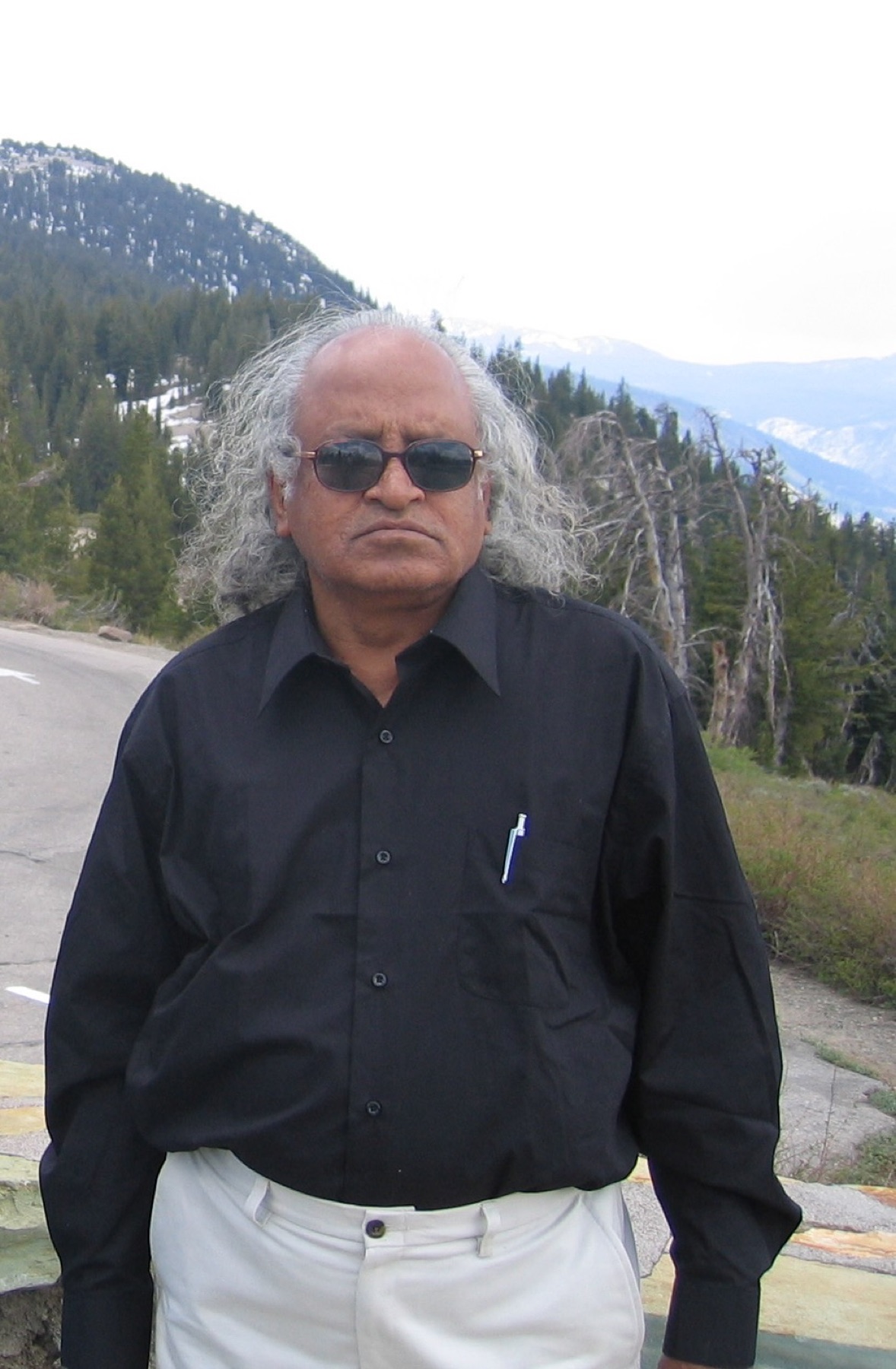 Dr. Das standing before a mountain landscape